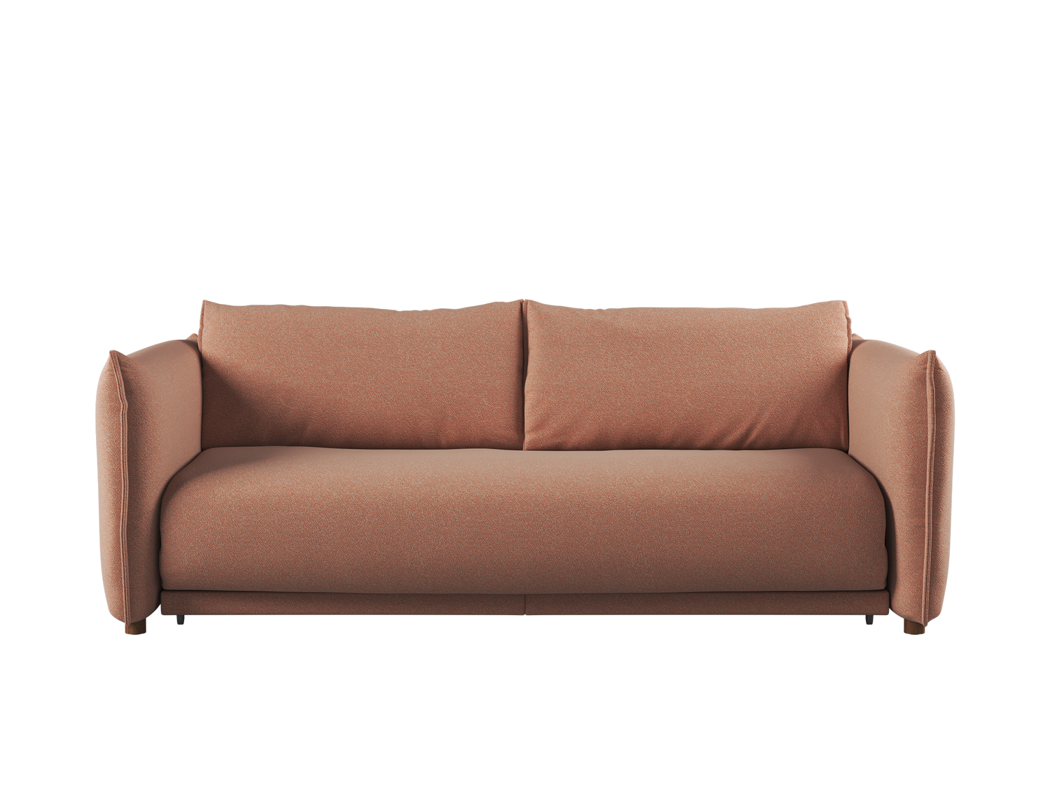 A light terracotta sofa with plush cushions and rounded arms, set against a muted gray background.