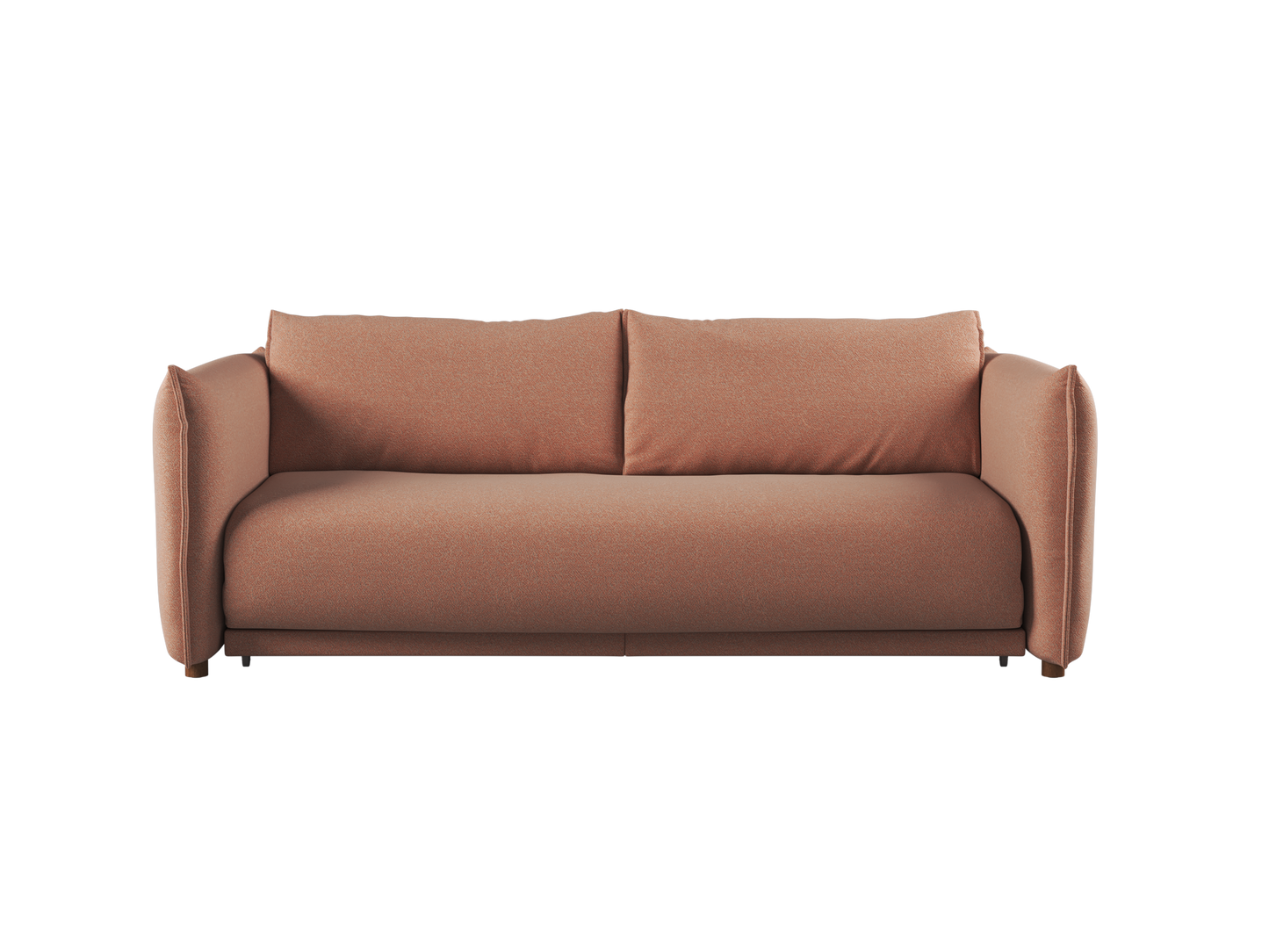 A modern, light coral sofa with rounded arms and two back cushions, set against a black background.