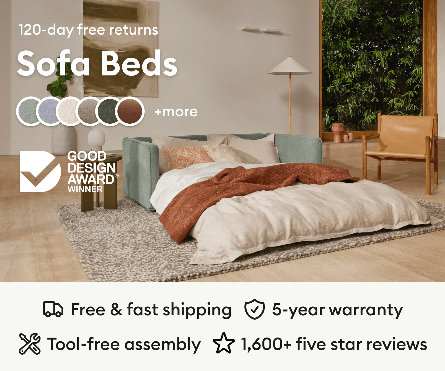 Sofa Beds - Free & Fast delivery, 5-year warranty, tool-free assembly, 1600+ five-star reviews