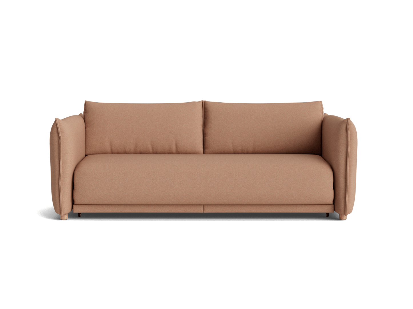 A soft, light brown sofa with plush cushions and rounded arms, set against a black background.