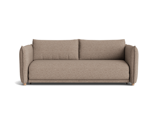 A light brown, textured sofa with a simple design and plush cushions, featuring rounded arms and wooden legs.