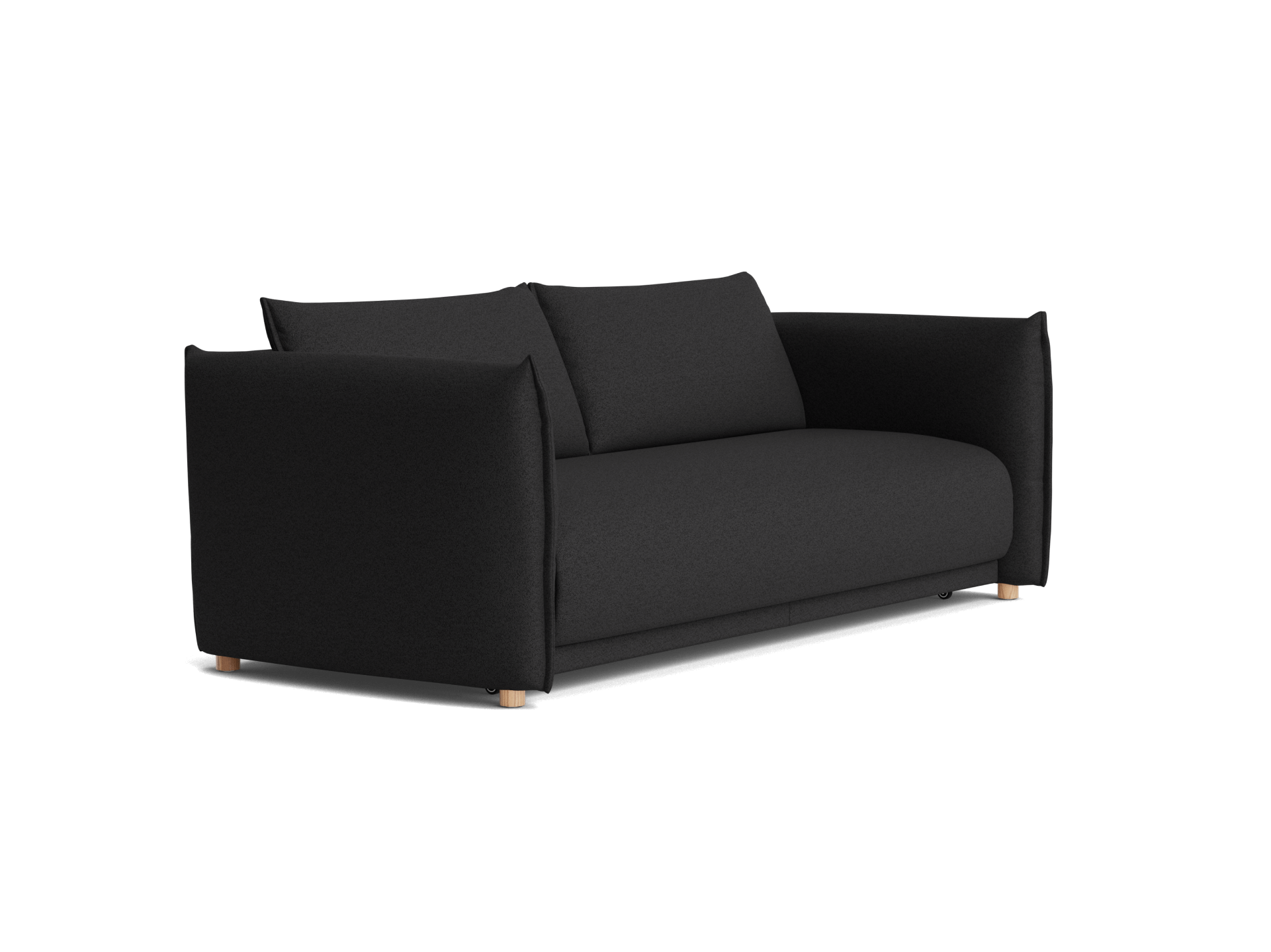 A modern black sofa with plush arms and cushions, featuring wooden legs, against a black background.