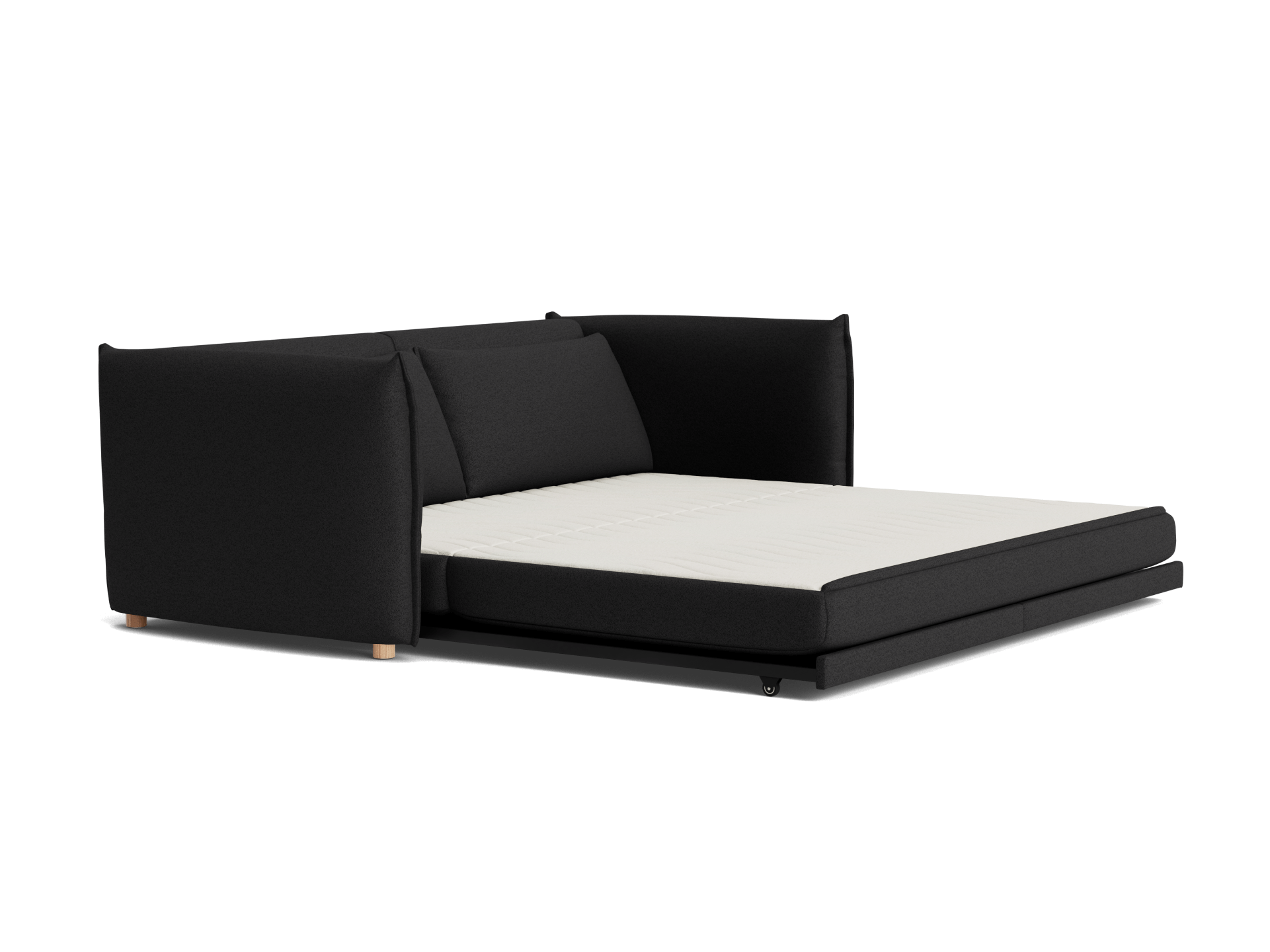 A black convertible sofa with a minimalist design, featuring a light beige mattress and wooden legs. It is partially folded out.