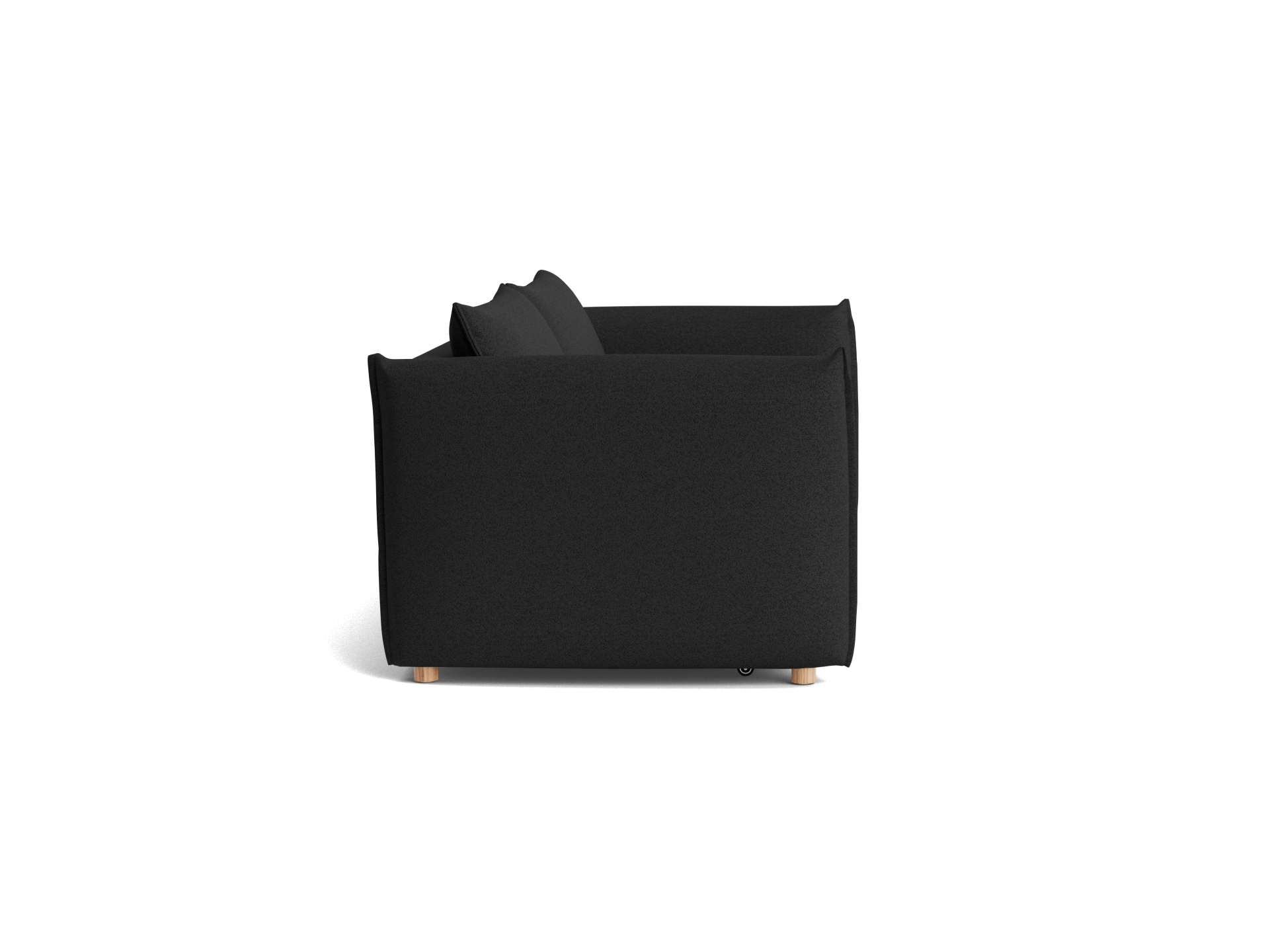 A sleek, soft black sofa with two cushions and light wooden legs, set against a black background.