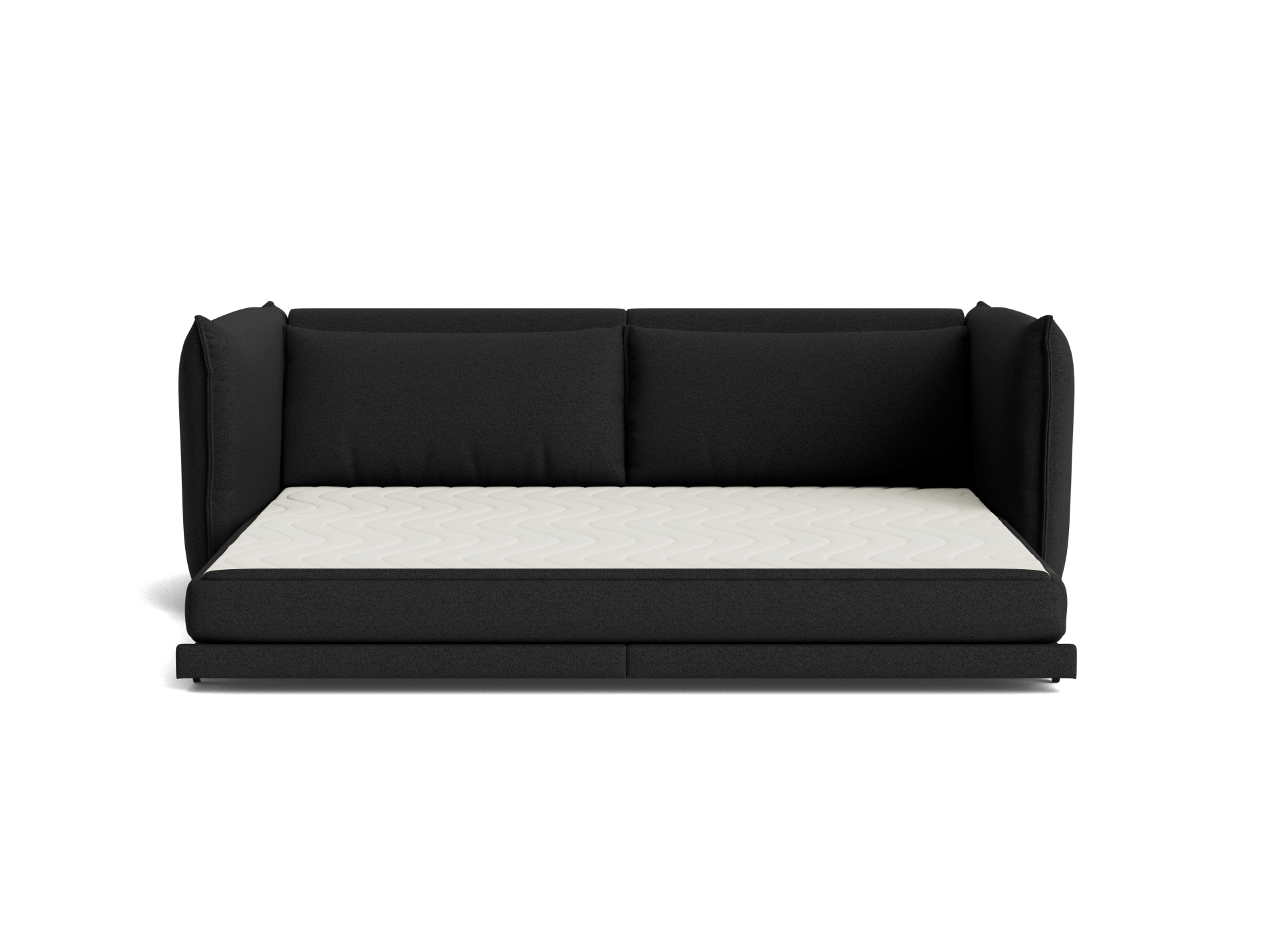 A black sofa with thick arms and backrests, featuring a white, textured mattress. The background is solid black.