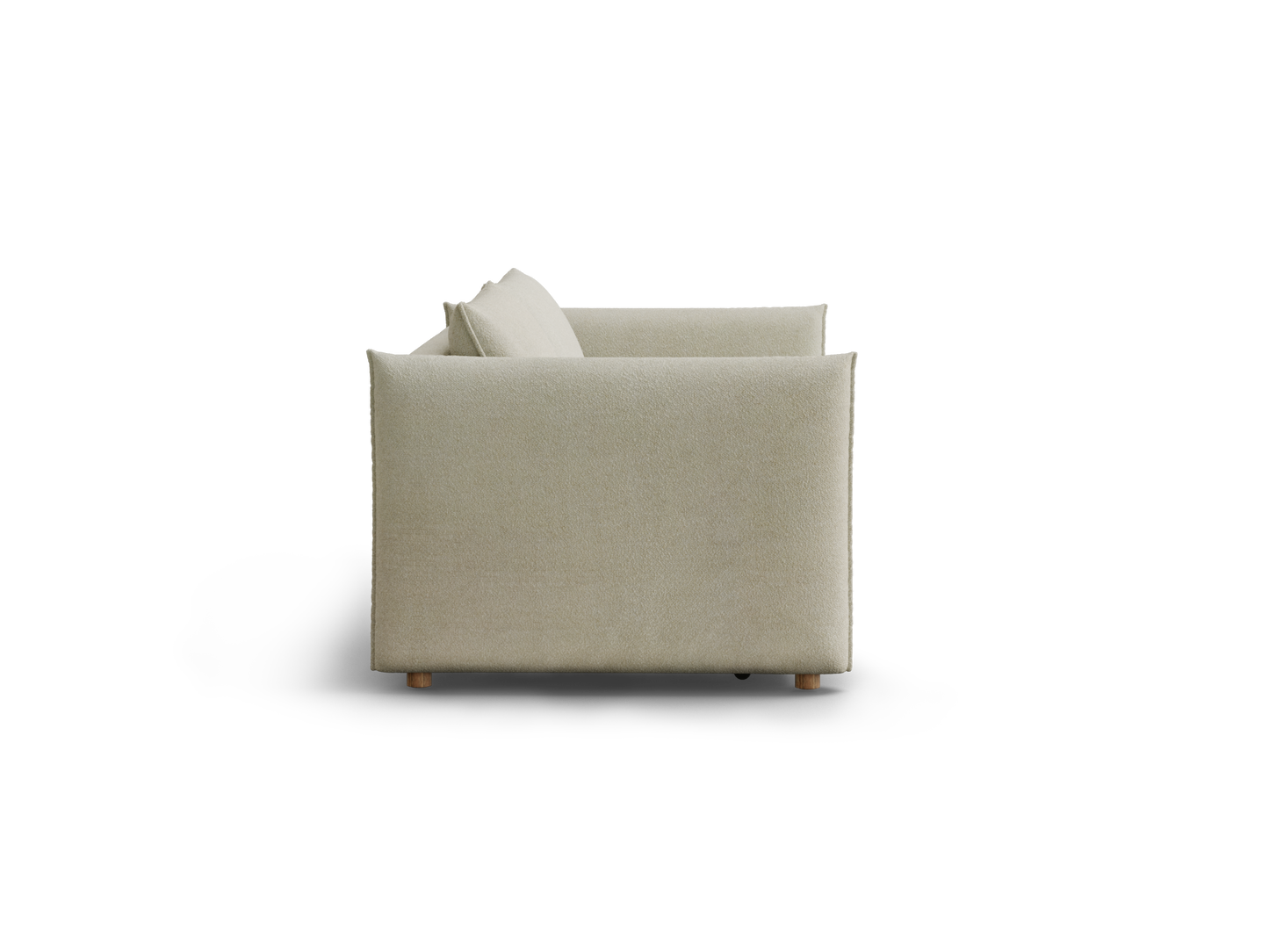 A light beige sofa with a minimalist design, featuring two cushions and slender wooden legs, set against a white background.