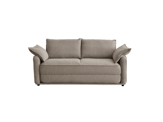 A light beige, textured sofa with two loose back cushions and two arm cushions, set against a black background.