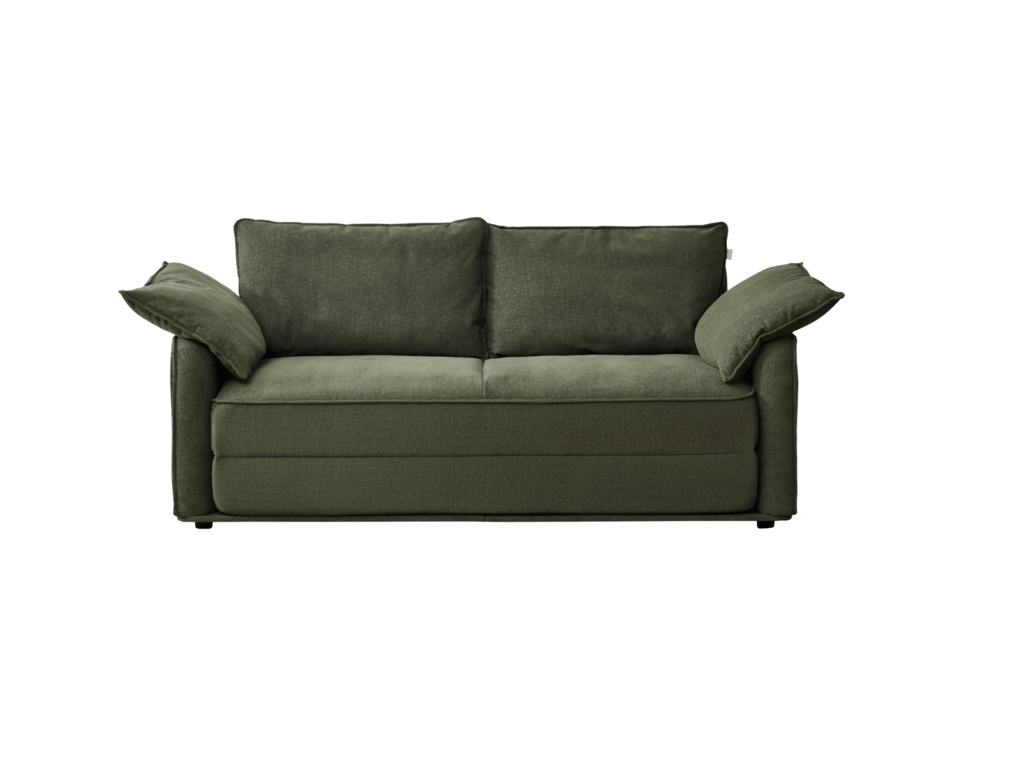 A dark green fabric sofa with two back cushions and two arm cushions, featuring a simple, modern design.