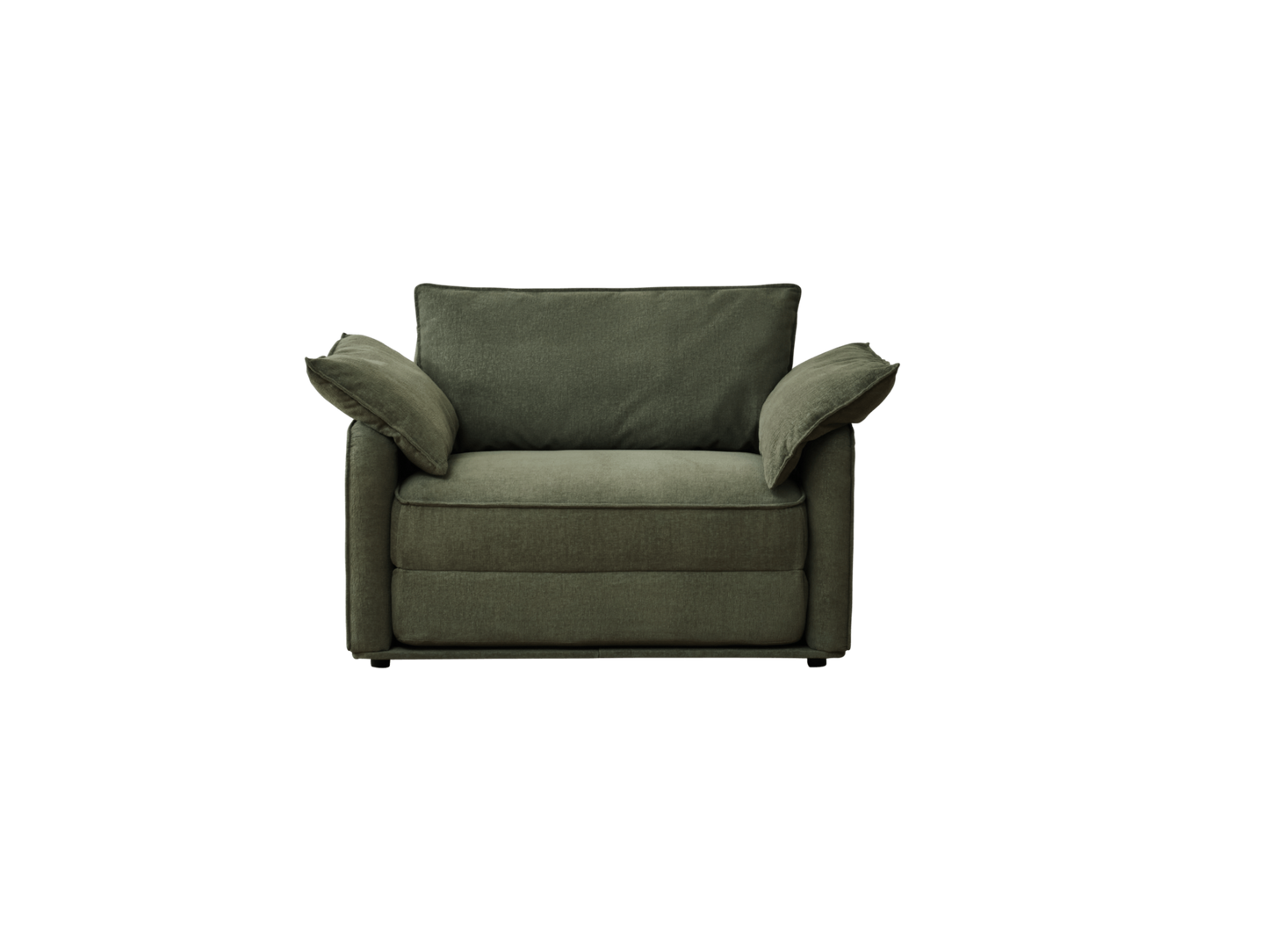 A plush, dark green armchair with two wide armrests and a soft back, featuring a matching cushion on one side.