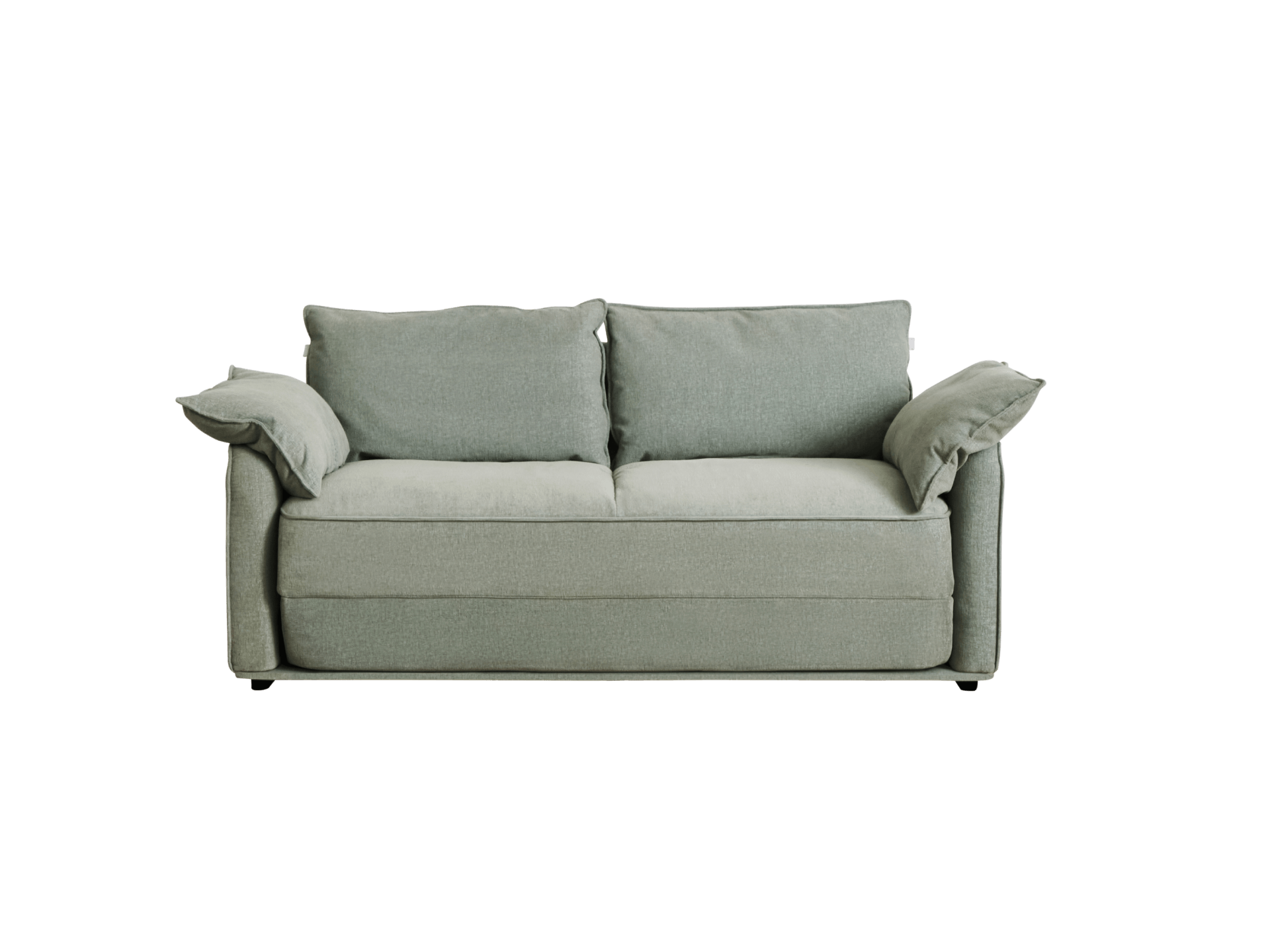 A light green, modern sofa with two back cushions and two armrest cushions, set against a black background.