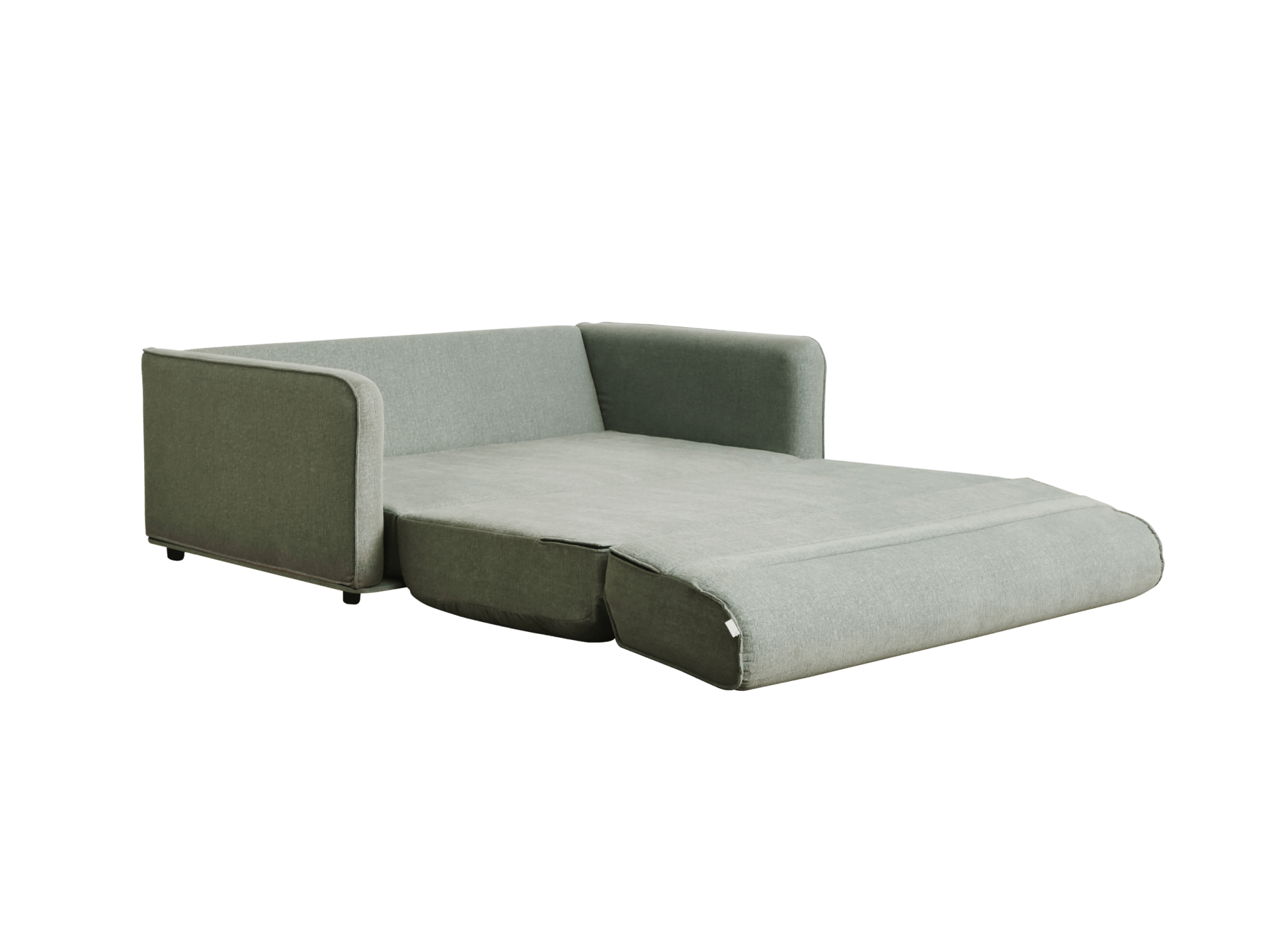 A light green modern sofa with a pull-out section, featuring two armrests and soft upholstery, showcasing a minimalist design.