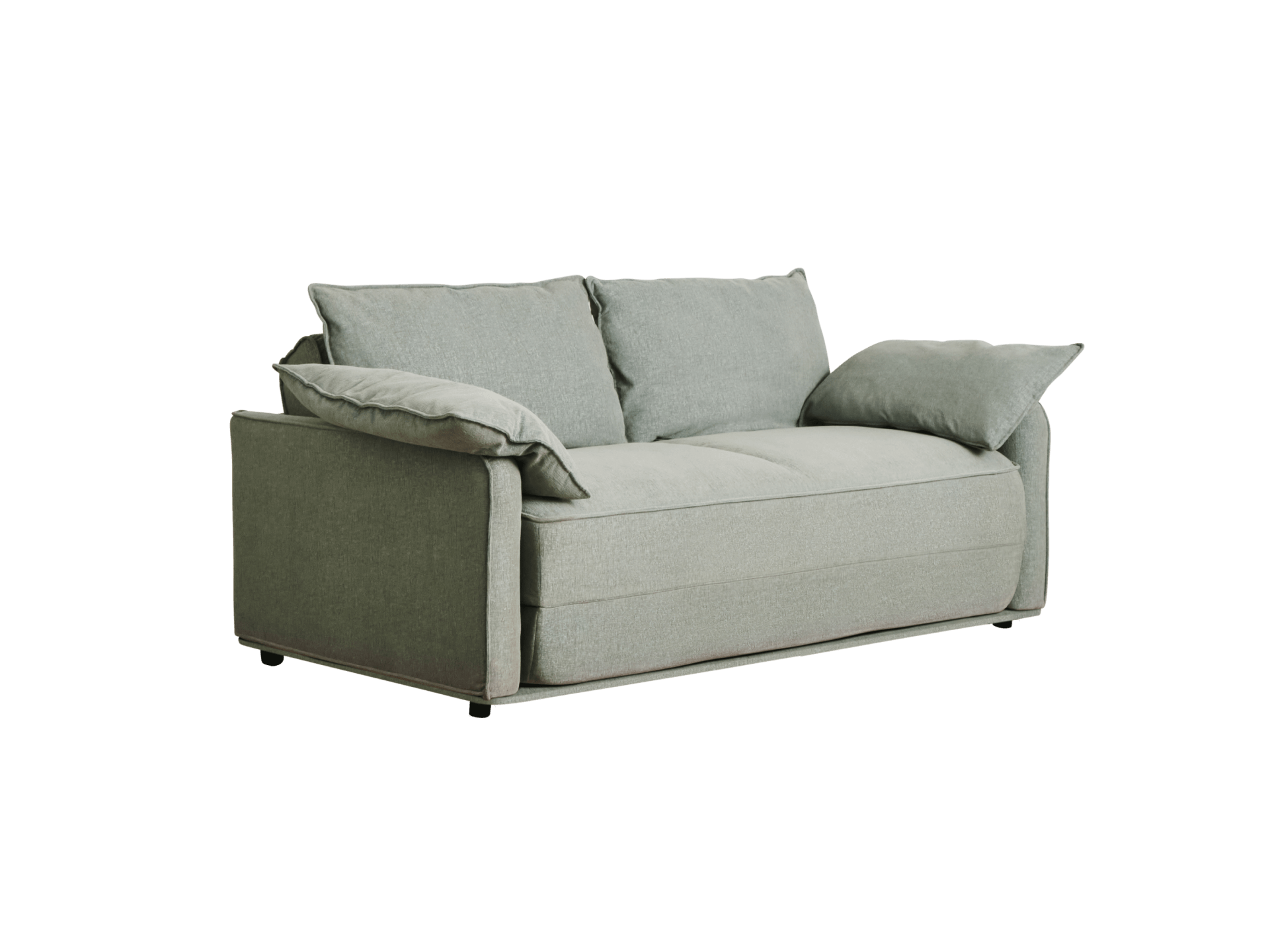 A light grey, two-seater sofa with plush cushions and rolled arms, featuring a sleek, modern design.