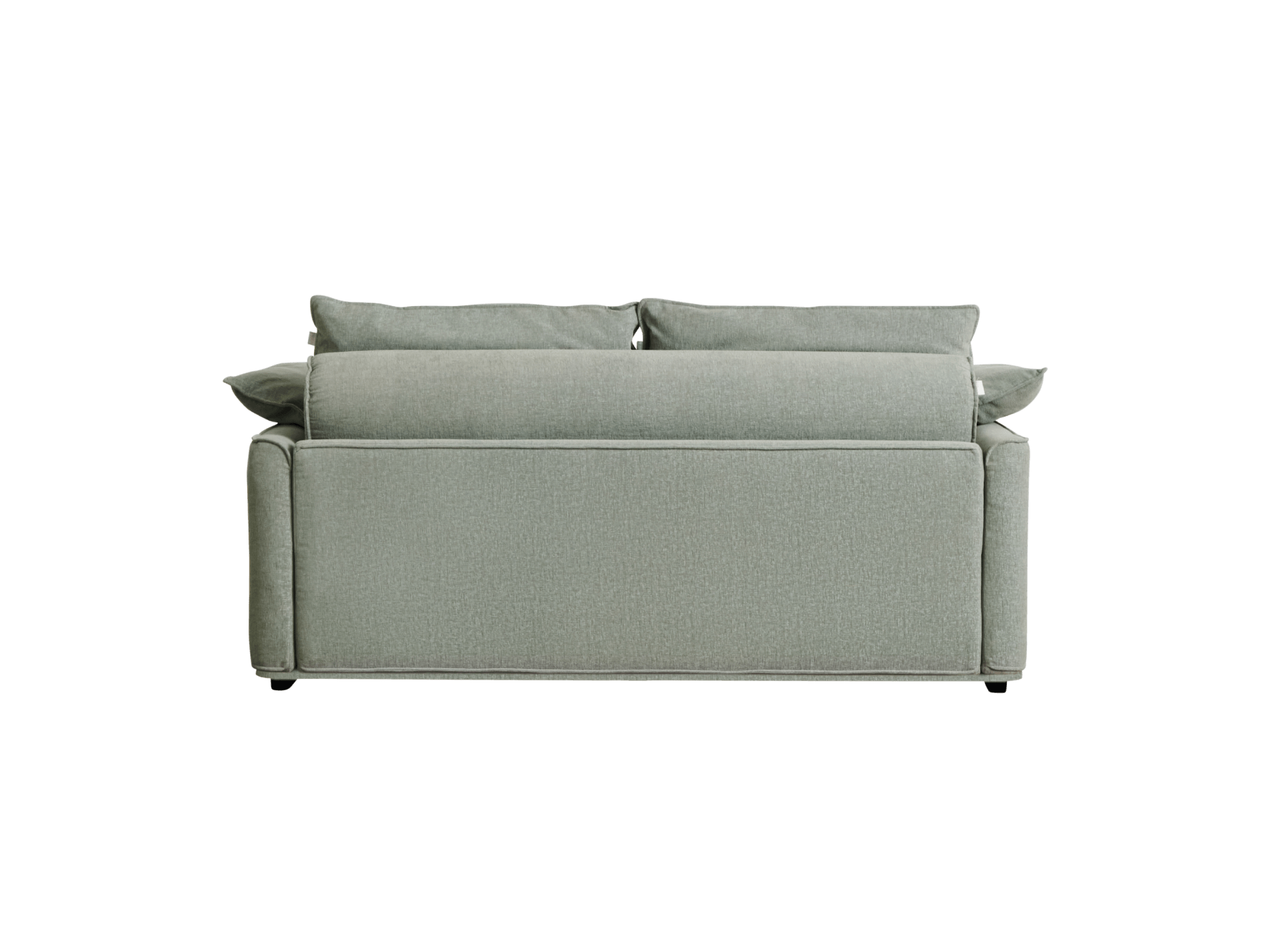 A light green sofa with soft back cushions, featuring clean lines and a textured fabric, against a black background.