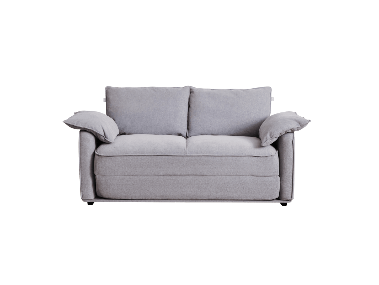 A light grey sofa with two large back cushions and two side pillows, featuring a simple, modern design.