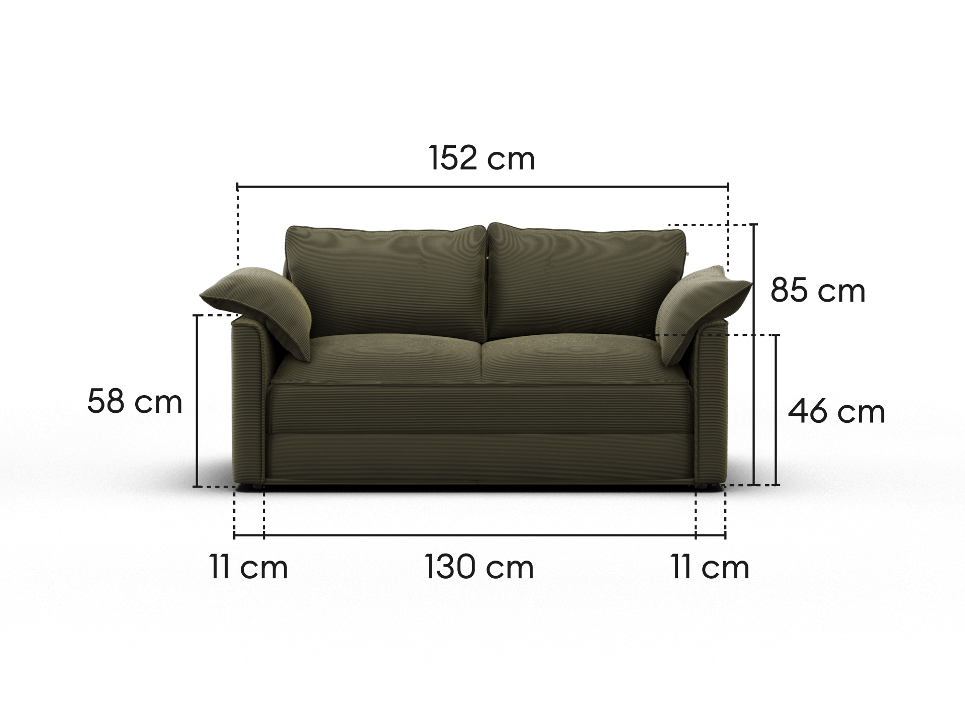 Measurement chart of a green sofa with dimensions labeled on a black background