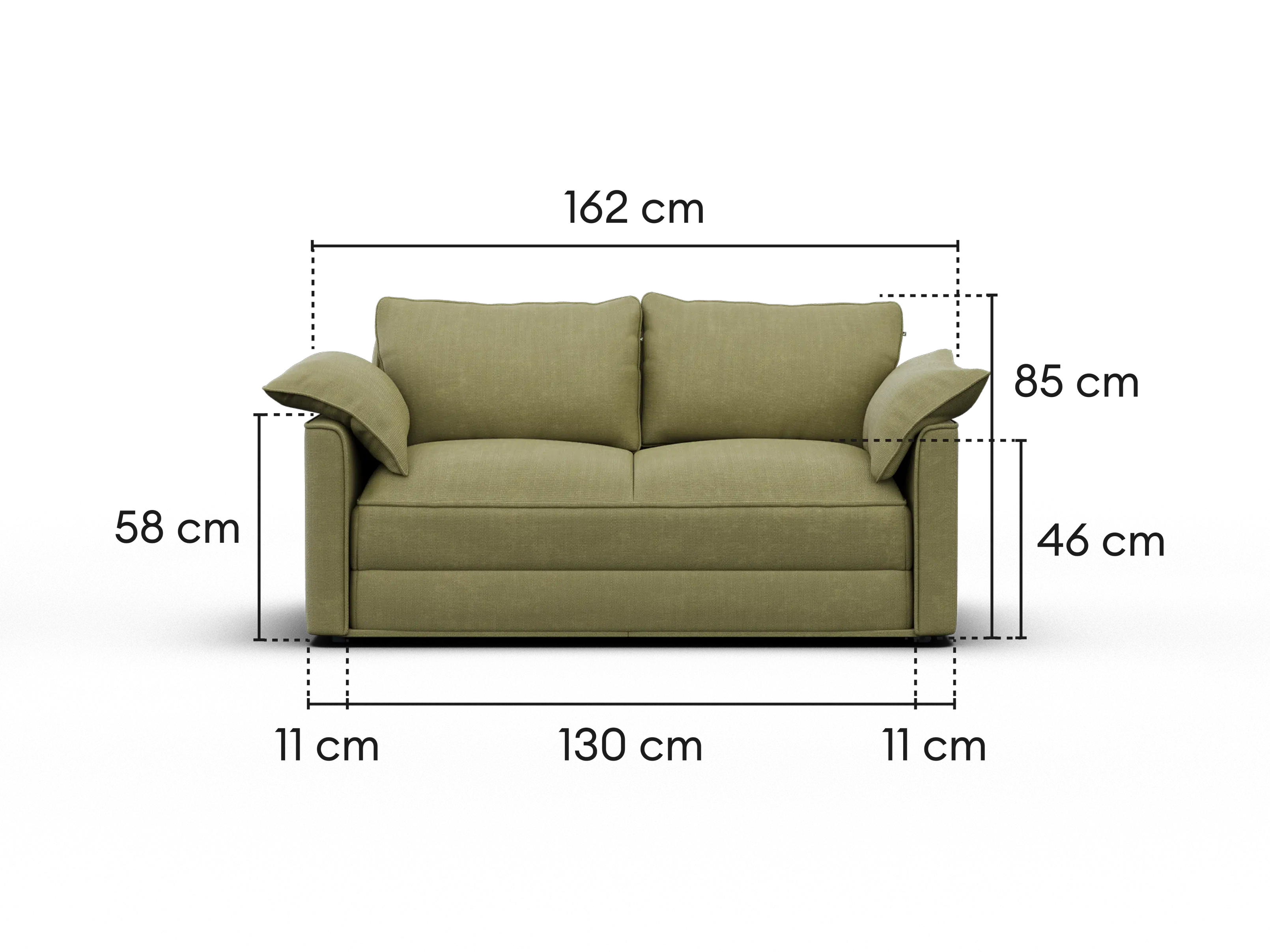 An olive green two-seater sofa shown on a white background with overlaid dimension lines and measurements for width, height, and depth.