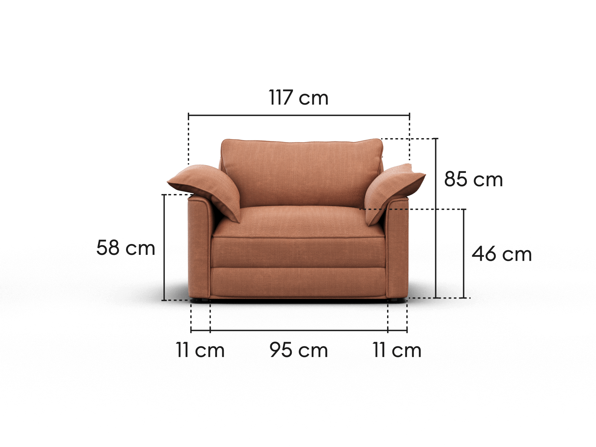 Brown armchair with dimensions labeled on a black background