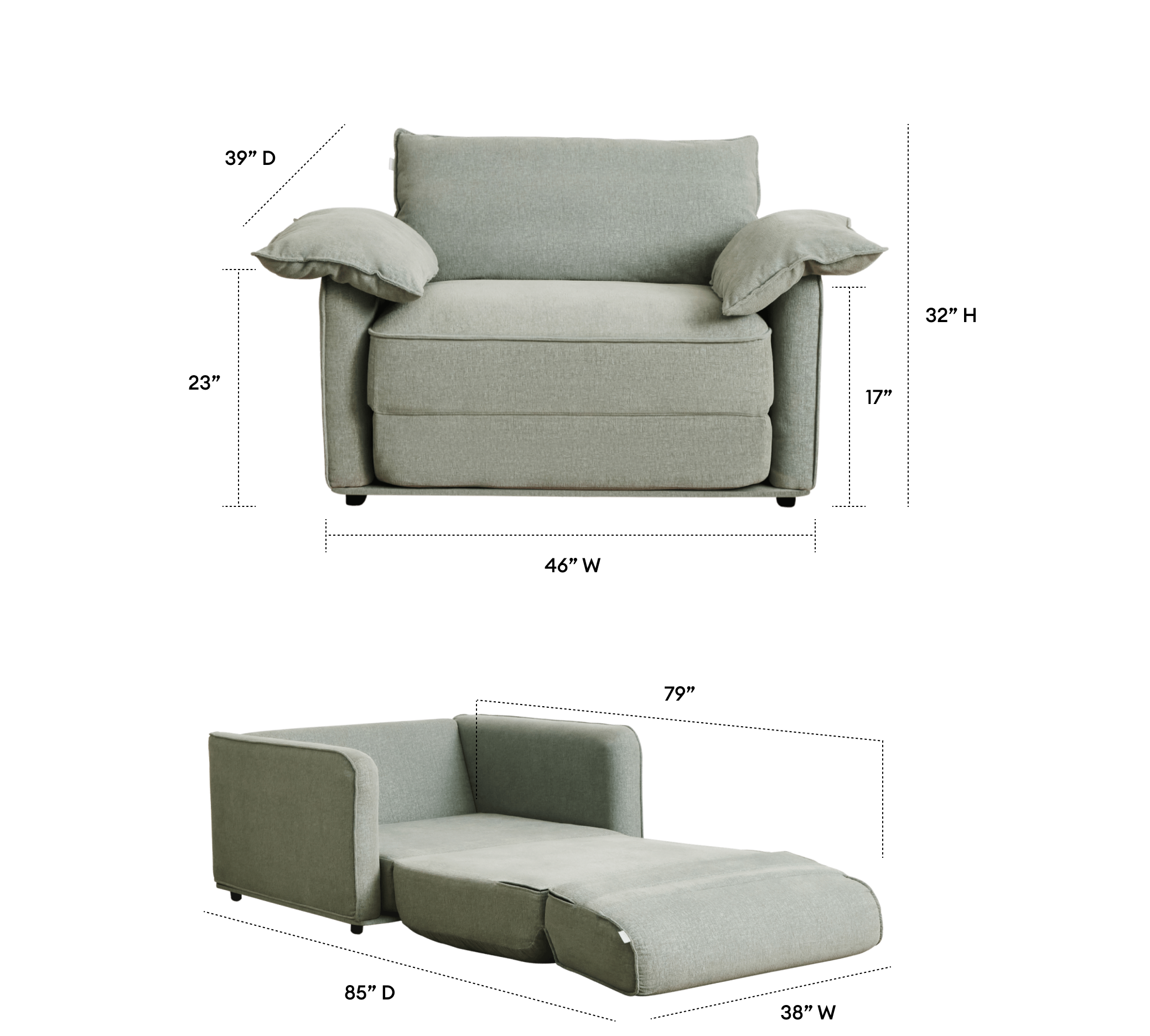 A light grey armchair with two plush cushions, positioned above a convertible sofa bed in a similar light grey fabric.