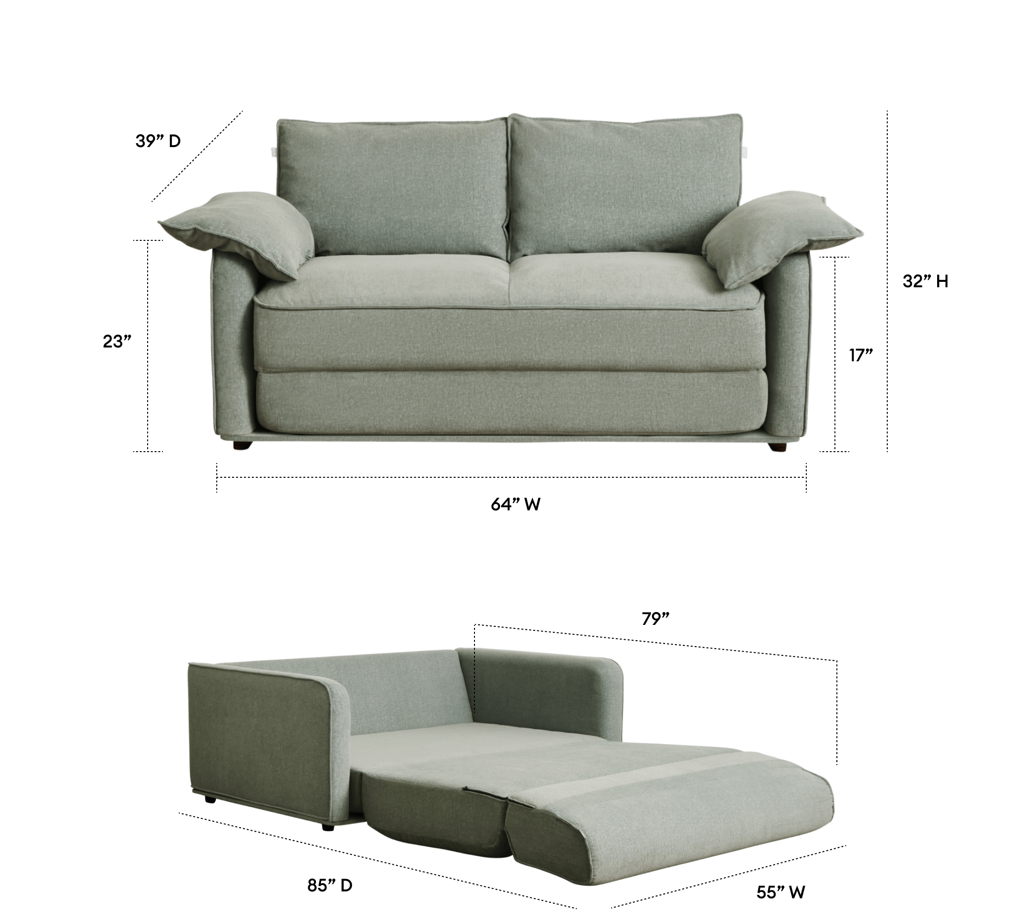 A two-tone light green sofa with soft cushions, convertible to a bed, showcasing a modern design and a cozy appearance.