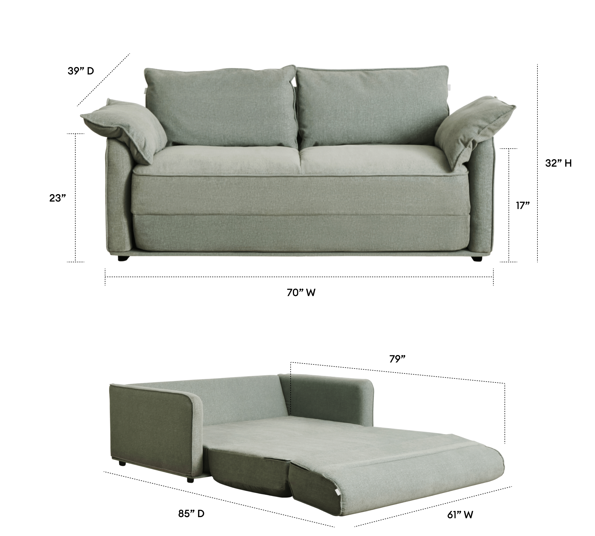 A light green convertible sofa with two plush back cushions, shown in upright and extended positions against a black background.