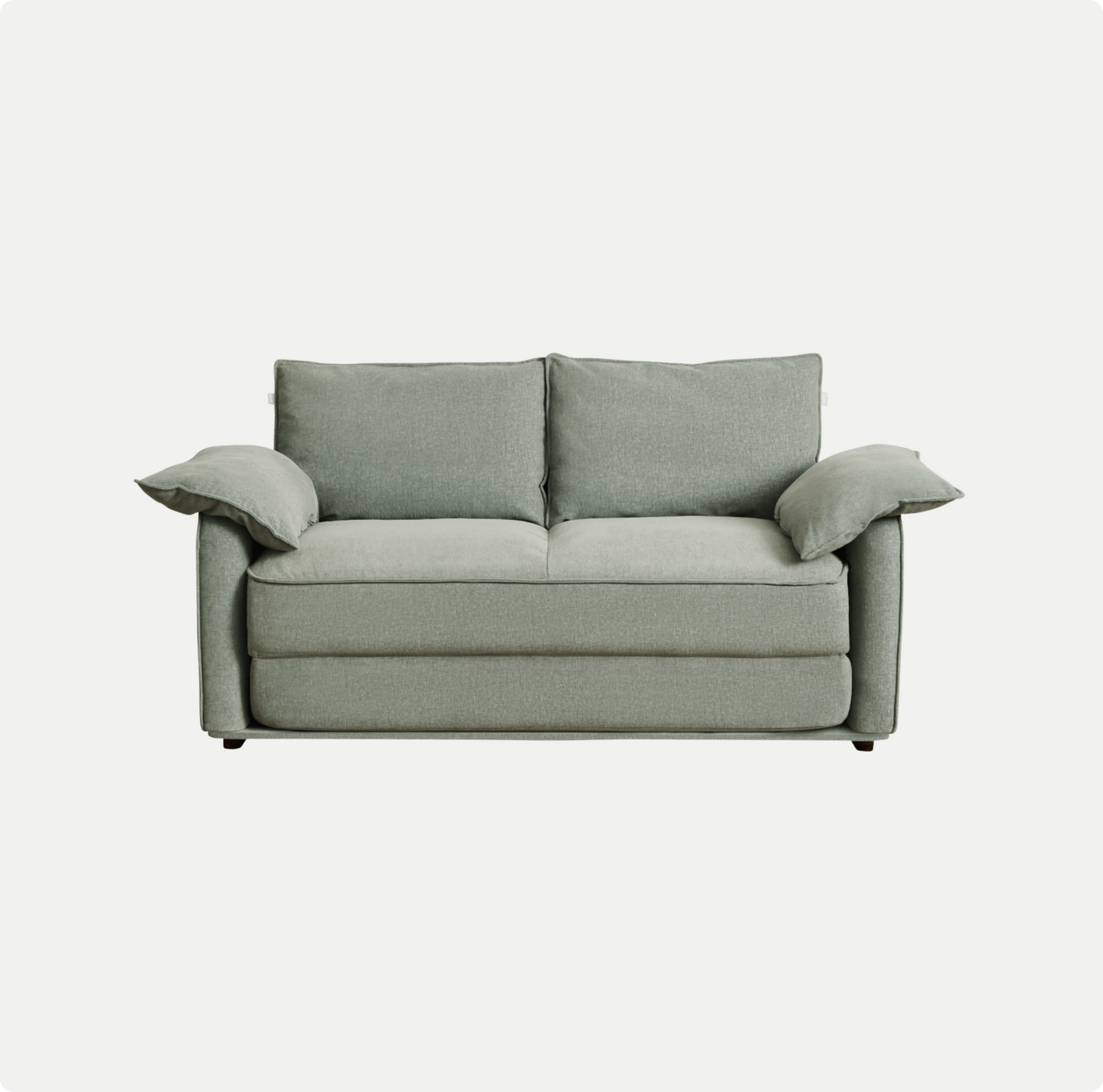 A soft, light green sofa with two back cushions and two plush armrests, set against a white background.