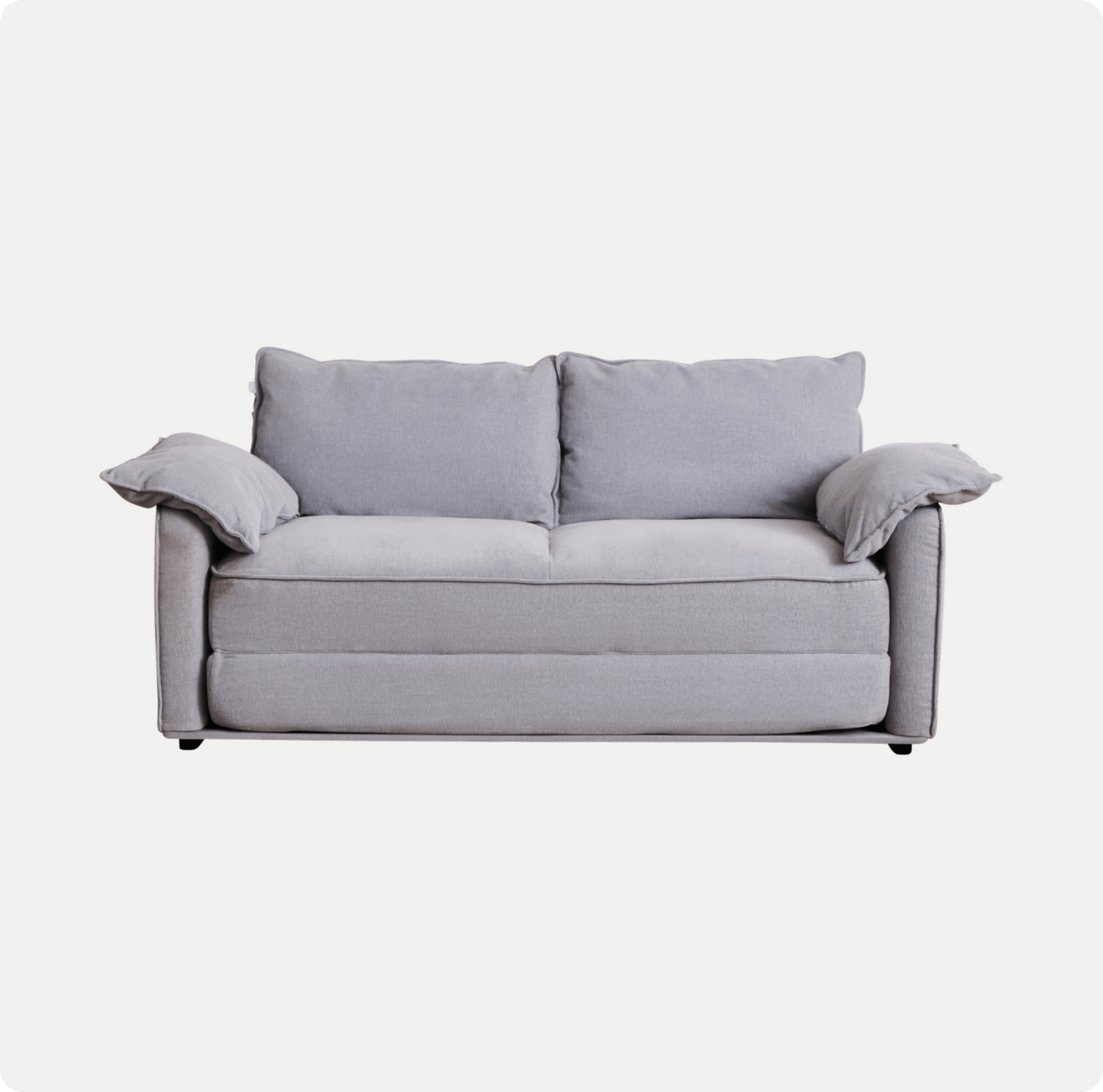 A light grey sofa with two back cushions and two arm cushions, featuring a soft fabric texture and compact design.